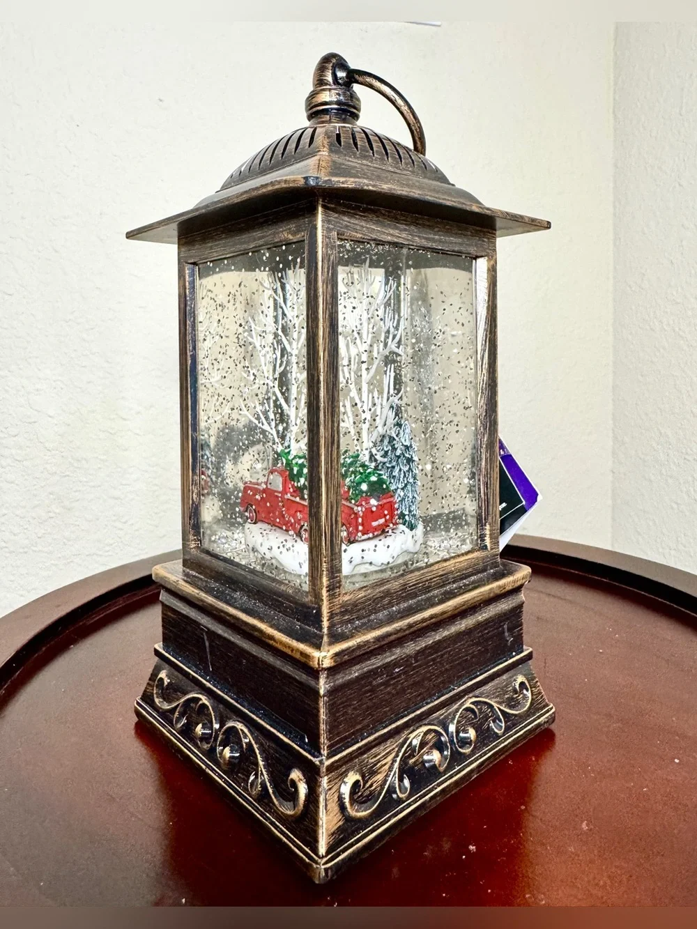 Antique Bronze- tone Christmas Lantern Water Globe with Red Truck Decor 9” H